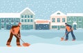 Snow removal. Man and woman remove ice and snowdrift with shovels, people cleaning street covered with snow after blizzard