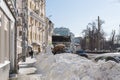 Snow removal in Moscow on Chistye Prudy in winter.