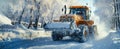 Snow Removal Operations in a Residential Area During Heavy Snowfall. Snow Plow Clearing Winter Road