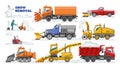 Snow removal vector winter machine snowplow equipment tractor cleaning removing snow illustration set of truck Royalty Free Stock Photo