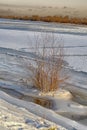 Snow river winter landscape with bush and forest. Spring thawed ice on lake. Frozen ice and snow by river Royalty Free Stock Photo