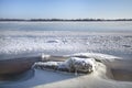 Snow river winter landscape with rock. Spring thawed ice on lake. Frozen ice and snow Royalty Free Stock Photo