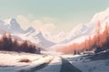 Snow road mountains sunset. Generate Ai Royalty Free Stock Photo
