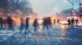 snow road during a snowstorm on a winter in city, concept of Traffic jam and gridlock, silhouettes of pedestrians walking through