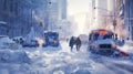 snow road during a snowstorm on a winter in city, concept of Traffic jam and gridlock, silhouettes of people walking through a