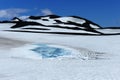 Ice lake in snow landscape with black hills on FimmvÃÂ¶rduhals mountain pass, Iceland