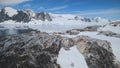 Snow rock with penguins. Antarctica aerial shot.