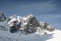 Snow rocky mountain range and blue sky on winter at Lofoten Islands