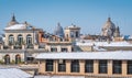 Snow in Rome in February 2018, panoramic sight of roofs covered in snow from the Caffarelli Terrace on the Capitoline Hill. Royalty Free Stock Photo