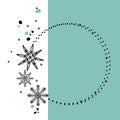 Snow round frame, snowflakes, snowballs wreath in outline style on trendy two-tone background. Vector illustration for design