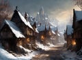 snow scene with fantasy style medieval storybook fairytale town with illuminated houses at twilight