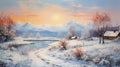 Winter Landscape Oil Painting: Serene Rural Scenes With Snow Covered Mountains Royalty Free Stock Photo