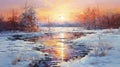 Snow Scene Sunset Oil Painting: A Sparkling Winter Landscape