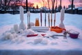 snow sculpting tools laid out on snow-covered table
