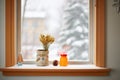 snow on the sill of a diamondpane window in winter