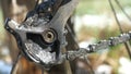 The snow is slowly melting in the frame of the idler pulley of MTB rear derailleur. Dirty and greasy cage plate, greasy chain.