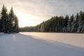 The snow on the snow-covered, forested Lake Melnezers, in the rays of the evening sun, Latvia