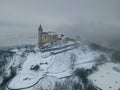 A snow storm coming to the Kuneticka hora castle.