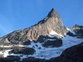 Snow summit, rocky mountain peaks and glacier in Norway