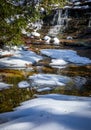 Snow surrounds Camp Creek Falls in Glen Cannon in winter