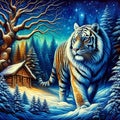 A snow tiger walking in a magical snow forest, an old hut nearby, stars, blue sky, tree, bold painting art, jungle Royalty Free Stock Photo