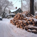 Snow trees nature winter background wood stack forest firewood wooden log woodpile Royalty Free Stock Photo