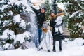 Snow time, snow games. Winter vacation. Cute caucasian kids brother and sister Royalty Free Stock Photo