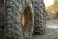 Snow tire chains on big truck wheel Royalty Free Stock Photo