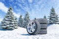 Snow tires on winter landscape background