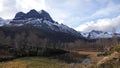 Snow topped mountains in Innerdalen mountain valley in Norway in autumn