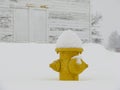 Snow topped yellow fire hydrant on winter day Royalty Free Stock Photo