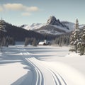Snow Track with Mountain and Trees Landscape Winter