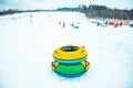 snow tubing rings close up. hill on background Royalty Free Stock Photo