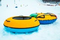 snow tubing rings close up. hill on background Royalty Free Stock Photo