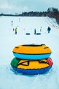 snow tubing rings close up. hill on background Royalty Free Stock Photo