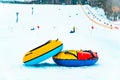 snow tubing rings close up. hill on background Royalty Free Stock Photo