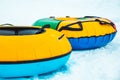 snow tubing rings close up. hill on background Royalty Free Stock Photo