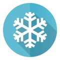 Snow vector icon, flat design blue round web button isolated on white background Royalty Free Stock Photo