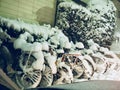 Bicycles Covered by Snow in Winter Day Royalty Free Stock Photo