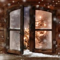 Snow on Vintage Wooden Christmas Window Pane