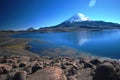 Snow volcano above blue lake