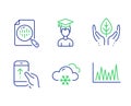 Snow weather, Student and Swipe up icons set. Analytics chart, Fair trade and Line graph signs. Vector