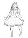 Snow White. The girl stand with bitten apple in her hand and loses consciousness. Fairytale character design.