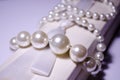 Luxurious pearl jewelry on a pink box. Snow-white pearls. Bijouterie. Jewelry. Snow-white beads on a white background. Brilliant Royalty Free Stock Photo