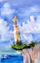 Snow-white fabulous lighthouse with seagulls on a steep cliff overlooking the sea. Watercolor illustration, greeting