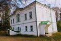 A snow-white house with a green roof in the estate of Count Leo Tolstoy in Yasnaya Polyana in October 2017