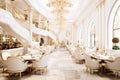 snow-white interior of a luxurious bright restaurant with tables and chairs