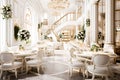 snow-white interior of a luxurious bright restaurant with tables and chairs