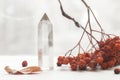 Snow white large crystal of pure transparent quartz. Chalcedony gem on background of bunch rowan berries, mountain ash