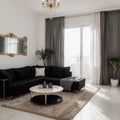 snow-white luxury apartment interior with Egyptian-style decor with light stylish furniture huge panoramic windows and Royalty Free Stock Photo